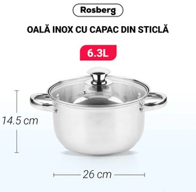Κατσαρόλα Rosberg R51210O26, 6.3L, 26 cm, Γυάλινο καπάκι με τρύπα εκτόνωσης ατμού, Inox