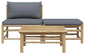 vidaXL Σαλόνι Κήπου 3 Τεμαχίων από Μπαμπού με Σκούρα Γκρι Μαξιλάρια