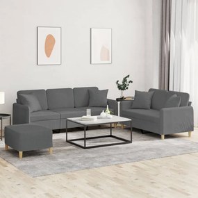 VidaXL Σετ Σαλονιού 3 Τεμαχίων Σκ. Γκρι Υφασμάτινο με Μαξιλάρια