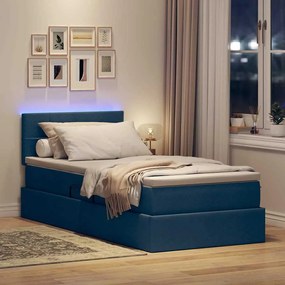 vidaXL LED Κρεβάτι αποθήκευσης με στρώμα Μπλε 90 x 200 cm Ύφασμα