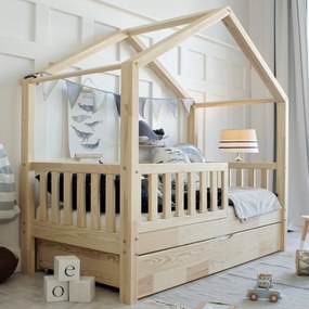 Κρεβάτι Παιδικό Montessori House Bed Plus με κάγκελα  &amp;  Συρτάρι  Ύπνου σε Φυσικό  Ξύλο  90×190cm  Luletto (Δώρο 10% έκπτωση στο Στρώμα)