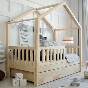 Κρεβάτι Παιδικό Montessori House Bed Plus με κάγκελα  +  Συρτάρι  σε Φυσικό  Ξύλο  90×190cm  Luletto (Δώρο 10% έκπτωση στο Στρώμα)