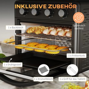 HOMCOM Φούρνος Μίνι, Φριτέζα Αέρος, 90-230° C, 7 Προγράμματα, Αξεσουάρ, Μαύρο