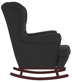 vidaXL Κουνιστή Πολυθρόνα με Ξύλινα Πόδια Μαύρη Βελούδινη με Σκαμπό