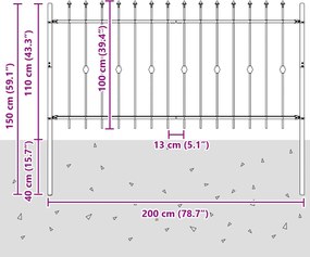 vidaXL Φράχτης με Σπίθες Μαύρο 200 x 150 cm