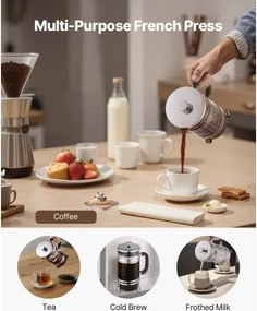 VEVOR French Press Coffee Maker 1L Borosilicate Glass Coffee Tea Press Silver