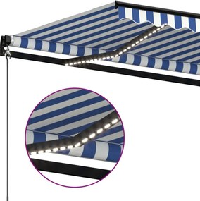 vidaXL Χειροκίνητη τέντα με ηλιακό LED 4 x 3,5 m Μπλε και Λευκή Ράβδος