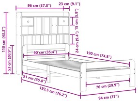 Κρεβάτι Βιβλιοθήκη Χωρίς Στρώμα 90x190 εκ Μασίφ Ξύλο Πεύκου - Λευκό