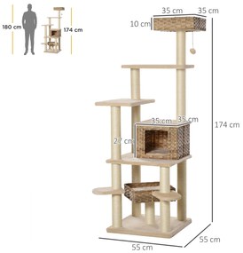 PawHut Δέντρο για γάτες από ρατάν με σπιτάκι, πολυεπίπεδο δέντρο για γάτες, δέντρο αναρρίχησης για γάτες, E1 MDF, σιζάλ, μπεζ+καφέ, 55 x 55 x 174 cm
