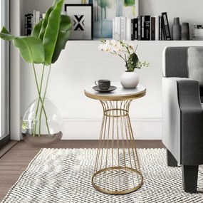 Τραπεζάκι βοηθητικό Tekosi Megapap μεταλλικό - Mdf χρώμα χρυσό - λευκό εφέ μαρμάρου 35x35x58εκ.