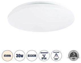 GloboStar® CELANO 61009 LED Πλαφονιέρα Οροφής Στρόγγυλη Φ33 30W 2850lm 120° AC 220-240V Αδιάβροχη IP54 Φ33 x Υ6cm Φυσικό Λευκό 4500K - 3 Χρόνια Εγγύηση