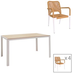 Τραπεζαρία Nares-Norture A σετ 5τεμ λευκό αλουμίνιο και plywood σε φυσική απόχρωση 140x80x72.5εκ Υλικό: ALUMINUM - PE RATTAN - PLYWOOD 200-000921