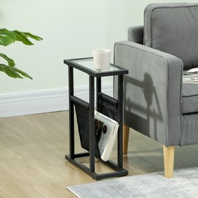 HOMCOM μεταλλικό κομοδίνο με υφασμάτινη τσάντα και γυάλινη επιφάνεια, στενό τραπέζι για σαλόνι, υπνοδωμάτιο, μαύρο