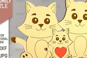 Σετ των 2 Intra απο ξύλο plywood 3mm-4mm πάχος Cat Family Puzzle . Γάτα Δίασταση 30x20 cm INTRAFABR-90004886