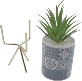 Τεχνητό Φυτό σε Κεραμικό Ethnic Γλαστράκι και Μεταλλική Βάση 8x25cm - Γκρι