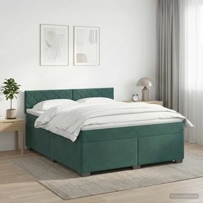 vidaXL Κρεβάτι Box Spring με Στρώμα και LED Σκούρο Πράσινο Βελούδο