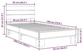 Πλαίσιο Κρεβατιού Καφέ Δρυς 90 x 190 εκ. Επεξ. Ξύλο &amp; Μέταλλο - Καφέ