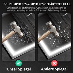 HOMCOM Καθρέφτης μπάνιου με LED φωτισμό, αντιθαμβωτικό επίθεμα, 3 ρυθμιζόμενα χρώματα, ρολόι, 600 x 800 mm, Ασημί