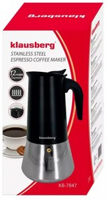 Κουβανέζικη καφετιέρα Klausberg KB 7847, 12 φλιτζάνια, 600 ml, Ανοξείδωτο, Επαγωγική, Μαύρο/Inox