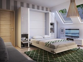 Σετ επίπλων Concept Pro Lenart AH145, Γυαλιστερό λευκό, Άσπρο, Πλαστικοποιημένη μοριοσανίδα, Τάβλες για Κρεβάτι, 90x200, Μονόκλινο, Με συρτάρια, Με πόρτες