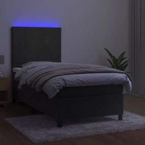 vidaXL Κρεβάτι Boxspring με Στρώμα & LED Σκ. Γκρι 100x200εκ. Βελούδινο
