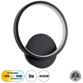 Απλίκα Φωτιστικό Τοίχου LED CCT 9W Αλουμίνιο Στρογγυλό Globostar-61070-Μαύρο 61070