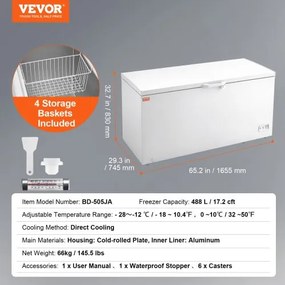 VEVOR Chest Freezer 17.2 cu.ft / 488 L Large Deep Freezer &amp; 4 Removable Baskets