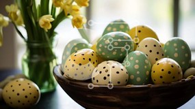 Intra Συλλεκτικό Ξύλινο Παζλ Plywood  4mm - Πολύχρωμα Πασχαλινά αυγά και Νάρκισσοι σε ένα μπολ Σε Ξύλινο Κουτί - Διαστάσεις: 10x10 cm – 25 κομμάτια