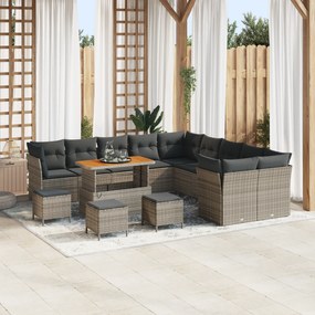 vidaXL Σετ Κήπου 14 Τεμαχίων με Μαξιλάρια Γκρι Poly Rattan Ακακίας