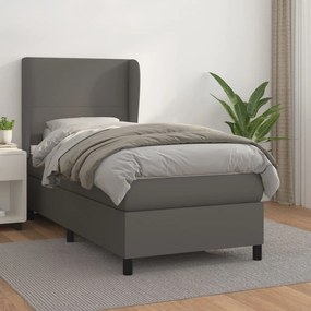 vidaXL Κρεβάτι Boxspring με Στρώμα Γκρι 90x200 εκ. από Συνθετικό Δέρμα