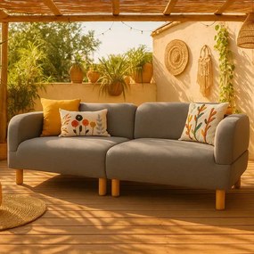 Διθέσιος Καναπές Boho με Ξύλινα Πόδια & Ύφασμα Μπεζ 211x78x75 cm