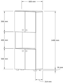 Ντουλάπα κουζίνας Guzel σε λευκή απόχρωση 60x31.4x140εκ 60x31.5x140 εκ.