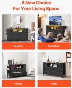 VEVOR 10 Fabric Drawer Dresser with Open Storage Shelf LED Lights &amp; Outlet Black