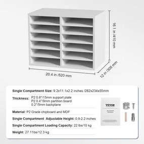 VEVOR Literature Organizers, 12 Compartments Office Mailbox with Adjustable Shelves, Wood Literature Sorter 20.4x12x16.1 inches for Office, Home, Classroom, Mailrooms Organization, EPA Certified White