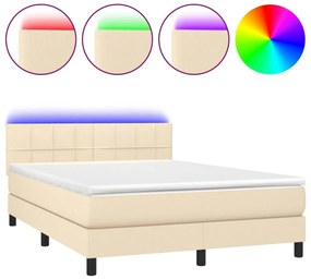 Κρεβάτι Boxspring με Στρώμα &amp; LED Κρεμ 140x190 εκ. Υφασμάτινο - Κρεμ