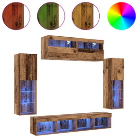 vidaXL Σετ 8 Επιτοίχιων Μονάδων TV με LED Παλαιό Ξύλο Επεξεργασμένο Ξύλο