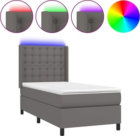 vidaXL Κρεβάτι Boxspring με Στρώμα &amp; LED Γκρι 90x190 εκ. Συνθ. Δέρμα