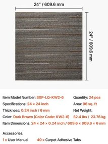 VEVOR Carpet Tiles Reusable 610x610 mm, 24 PCS Modular Carpet Square Rug, Commercial Floor Soft Padded for Seamless Cover 8.9㎡, Easy DIY Replacement for Living Room Bedroom Office Indoor, Dark Brown