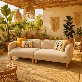 Διθέσιος Καναπές Boho με Ξύλινα Πόδια & Ύφασμα Μπεζ 211x78x75 cm