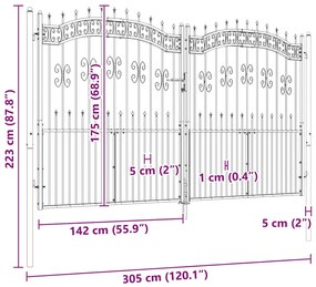 vidaXL Πόρτα Περίφραξης με Κορυφή Δόρυ Μαύρη 305x175 εκ. από Ατσάλι με Ηλεκτροστατική Βαφή
