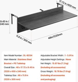 VEVOR Balcony Hanging Table 12 x 48 in Patio Railing Bar Table Foldable