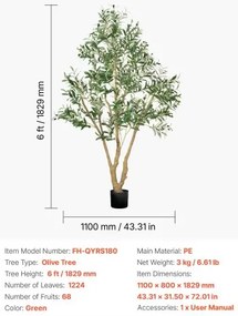 VEVOR 180cm Artificial Olive Tree Tall Fake Plant with Pot for Home Office