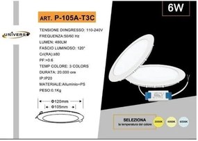 UNIVERSO LED PANEL Οροφής P105A-T3C 6W 3000K-6500K Λευκό Χρώμα