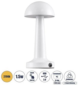 Επαναφορτιζόμενο Επιτραπέζιο Φωτιστικό USB LED 1.5W Αφής COCO Globostar-76508-Λευκό 76508