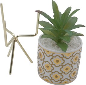 Τεχνητό Φυτό σε Κεραμικό Γλαστράκι με Μεταλλική Χρυσή Βάση 8x21cm - Άσπρο