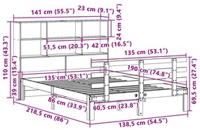 Κρεβάτι Βιβλιοθήκη Χωρίς Στρώμα Λευκό 135x190 εκ Μασίφ Πεύκο - Λευκό