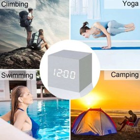 Ξύλινο Επιτραπέζιο Ψηφιακό Ρολόι, Ξυπνητήρι, Θερμόμετρο με οθόνη LED - Καφέ