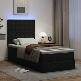 vidaXL Οθωμανικό κρεβάτι με στρώμα & LEDs Μαύρο 90x190cm Faux Leather