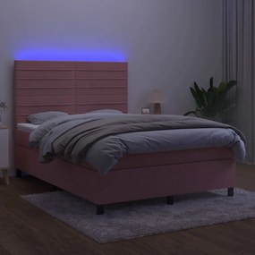 vidaXL Κρεβάτι Boxspring με Στρώμα &amp; LED Ροζ 140x190 εκ. Βελούδινο