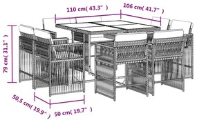 vidaXL Σετ Τραπεζαρίας Κήπου 9 τεμ. Γκρι Συνθ. Ρατάν με Μαξιλάρια